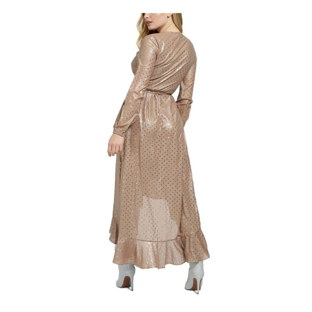 GUESS Womens Brown Tie Lined Long Sleeve Midi Evening Wrap Dress XS - Picture 2 of 4